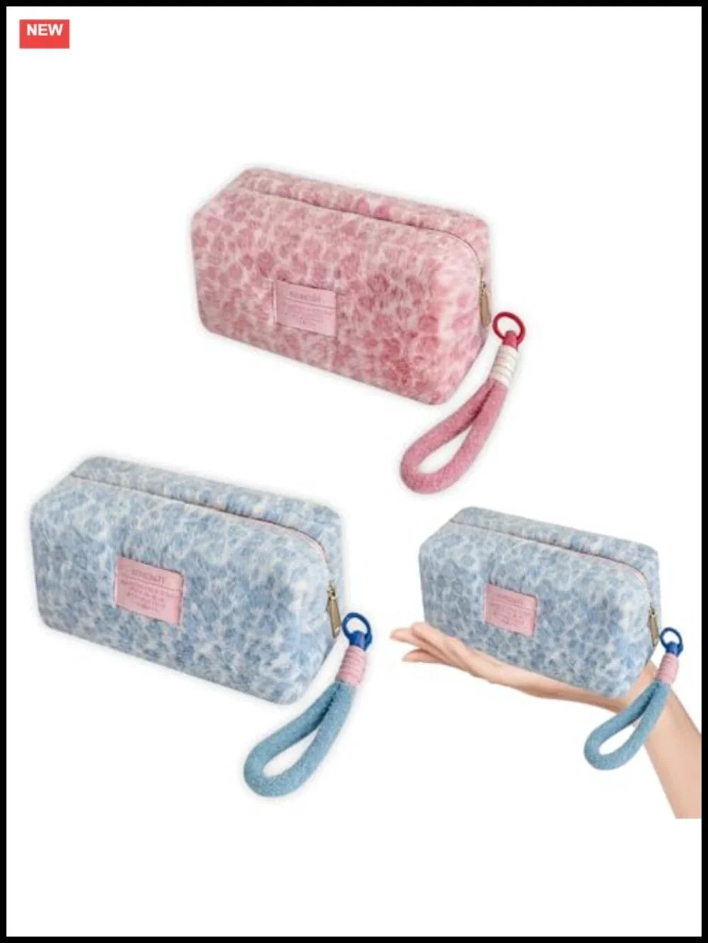 2 Pack Plush Leopard Makeup Bag Set, Faux Fur Cosmetic Bags, Waterproof, Travel